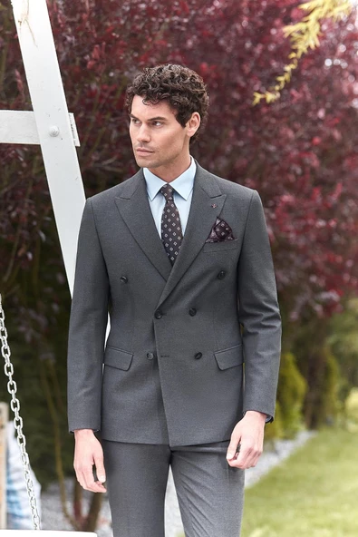 Koyu Antrasit Kırlangıç Yaka Kruvaze Likralı 6 Drop Slim Fit Klasik Takım Elbise 1001240166