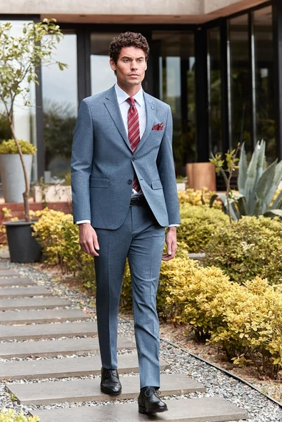 Koyu Lacivert Desenli Mono Yaka Astarlı 6 Drop Slim Fit Dar Kesim Takım Elbise 1001240174 - Resim 3