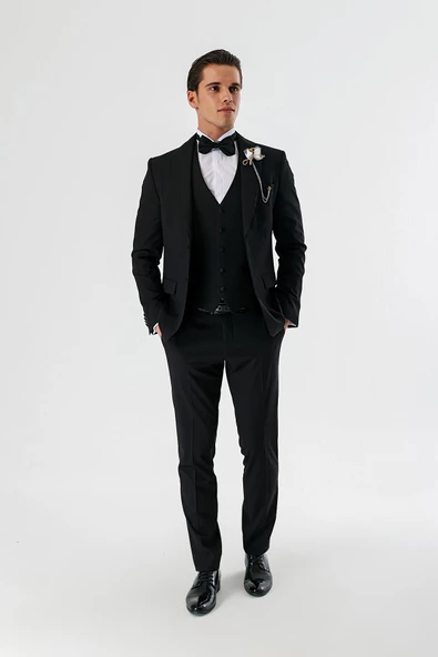 Siyah Çıkarılabilir Şal Yaka Yelekli Likralı 6 Drop Slim Fit Smokin Damatlık 1001240202 - Resim 8