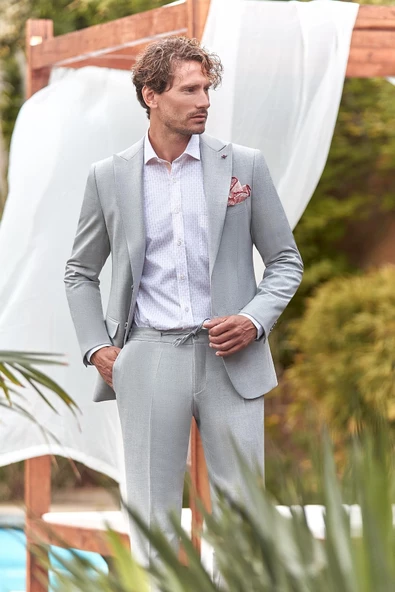 Gri Kırlangıç Yaka Yelekli Likralı 6 Drop Slim Fit Dar Kesim Klasik Takım Elbise 1001240167 - 2