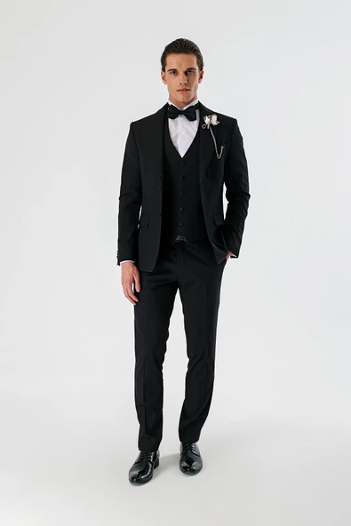 Siyah Çıkarılabilir Şal Yaka Yelekli Likralı 6 Drop Slim Fit Smokin Damatlık 1001240202 - Resim 6