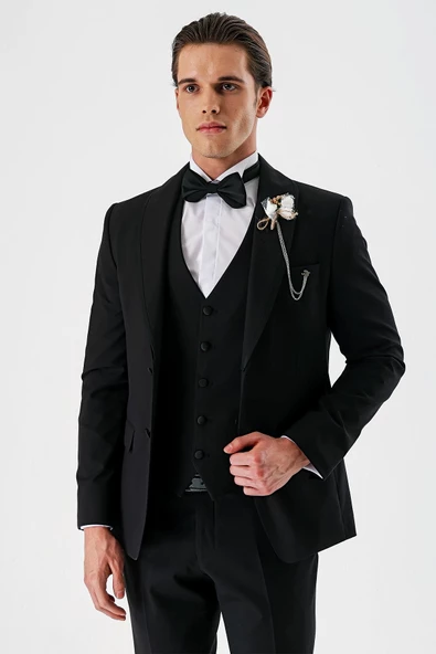 Siyah Çıkarılabilir Şal Yaka Yelekli Likralı 6 Drop Slim Fit Smokin Damatlık 1001240202 - Resim 5