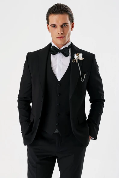 Siyah Çıkarılabilir Şal Yaka Yelekli Likralı 6 Drop Slim Fit Smokin Damatlık 1001240202 - Resim 4