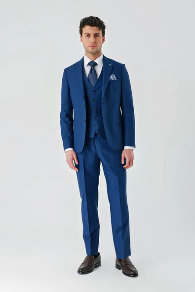 Lacivert Gabardin Kırlangıç Yaka Yelekli 6 Drop Slim Fit Klasik Takım Elbise 1001240187 - Resim 4