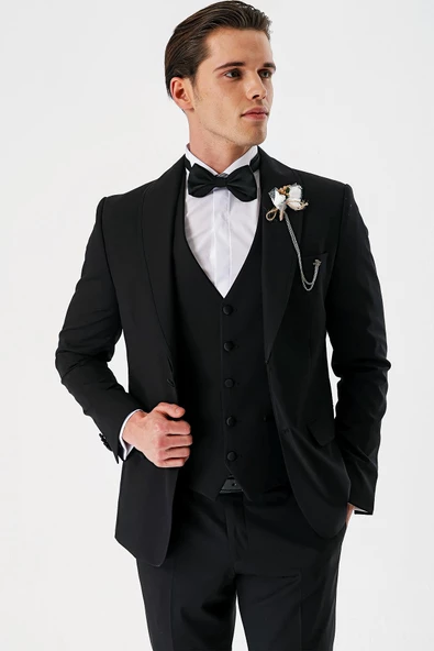 Siyah Çıkarılabilir Şal Yaka Yelekli Likralı 6 Drop Slim Fit Smokin Damatlık 1001240202 - Resim 2