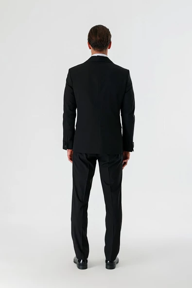 Siyah Çıkarılabilir Şal Yaka Yelekli Likralı 6 Drop Slim Fit Smokin Damatlık 1001240202 - Resim 3
