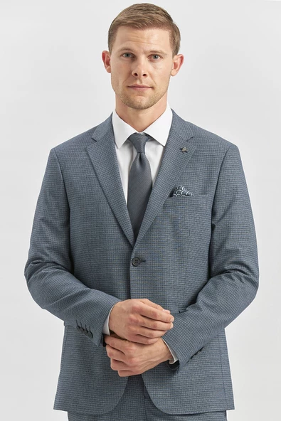 Koyu Lacivert Desenli Mono Yaka Astarlı 6 Drop Slim Fit Dar Kesim Takım Elbise 1001240174 - Resim 5