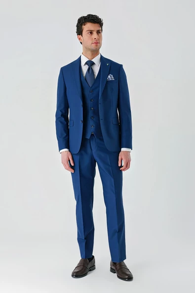 Lacivert Gabardin Kırlangıç Yaka Yelekli 6 Drop Slim Fit Klasik Takım Elbise 1001240187 - Resim 6