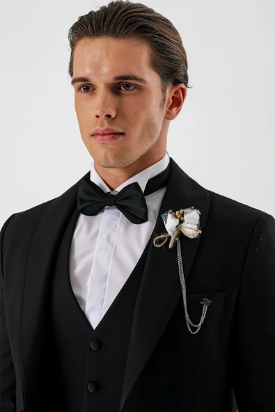 Siyah Çıkarılabilir Şal Yaka Yelekli Likralı 6 Drop Slim Fit Smokin Damatlık 1001240202 - Resim 9