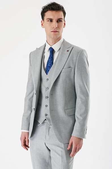 Gri Kırlangıç Yaka Yelekli Likralı 6 Drop Slim Fit Dar Kesim Klasik Takım Elbise 1001240167