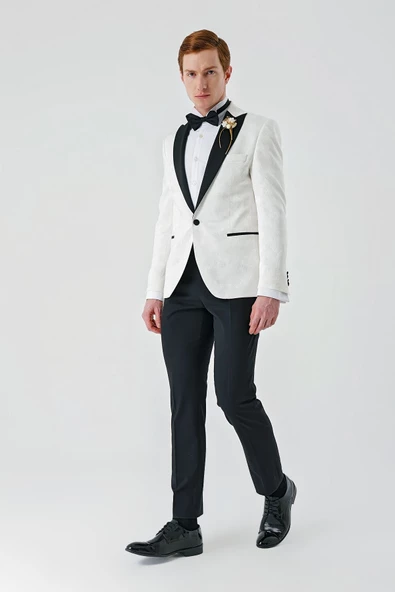 Açık Krem Çıkarılabilir Kırlangıç Yaka Likralı 6 Drop Slim Fit Smokin Damatlık 1001240204 - Resim 11