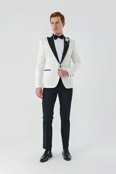 Açık Krem Çıkarılabilir Kırlangıç Yaka Likralı 6 Drop Slim Fit Smokin Damatlık 1001240204 - Resim 5