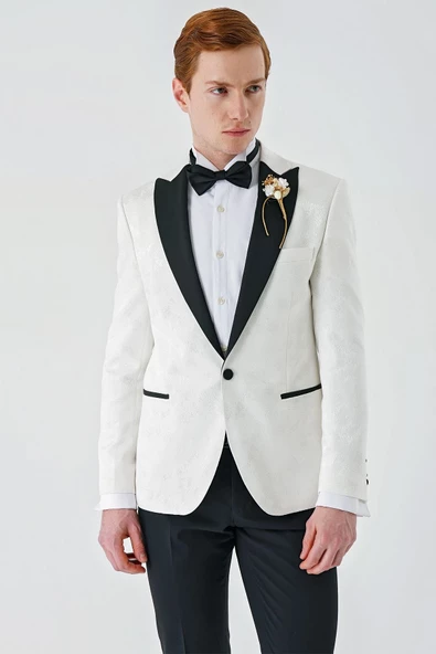 Açık Krem Çıkarılabilir Kırlangıç Yaka Likralı 6 Drop Slim Fit Smokin Damatlık 1001240204 - Resim 7