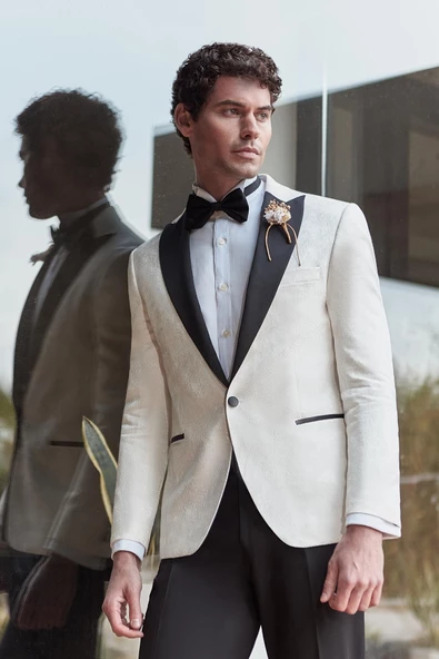 Açık Krem Çıkarılabilir Kırlangıç Yaka Likralı 6 Drop Slim Fit Smokin Damatlık 1001240204 - Resim 3