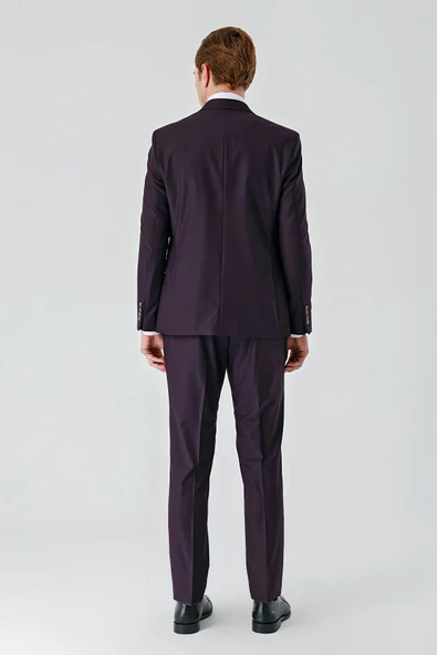 Mürdüm Gabardin Kırlangıç Yaka Yelekli 6 Drop Slim Fit Klasik Takım Elbise 1001240187 - 3