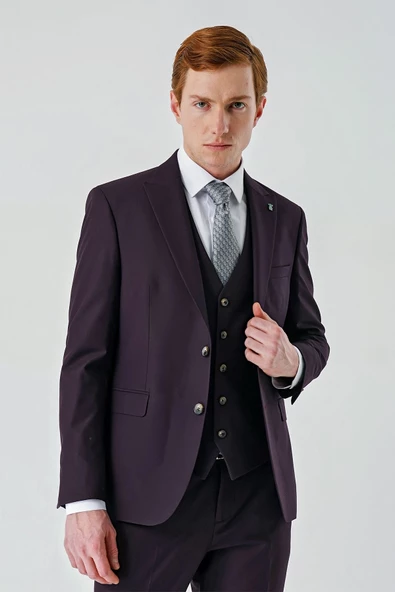 Mürdüm Gabardin Kırlangıç Yaka Yelekli 6 Drop Slim Fit Klasik Takım Elbise 1001240187