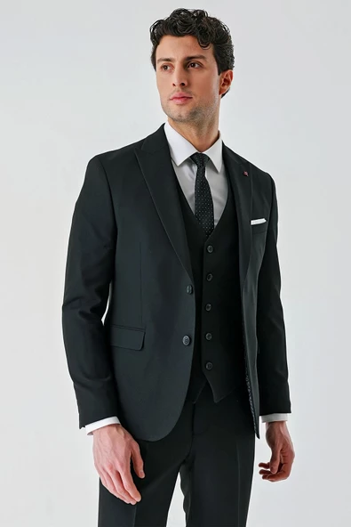 Siyah Kırlangıç Yaka Yelekli Likralı 6 Drop Slim Fit Klasik Takım Elbise 1001240168 ürün görseli