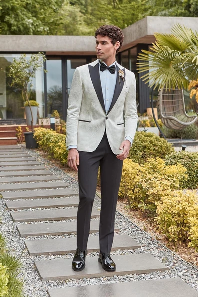 Açık Krem Çıkarılabilir Kırlangıç Yaka Likralı 6 Drop Slim Fit Smokin Damatlık 1001240204 - Resim 2