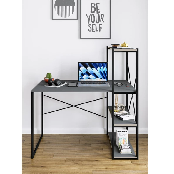 Eportatif Kitaplıklı Çalışma Masası Bilgisayar Ofis Masası Füme 1423 - 2