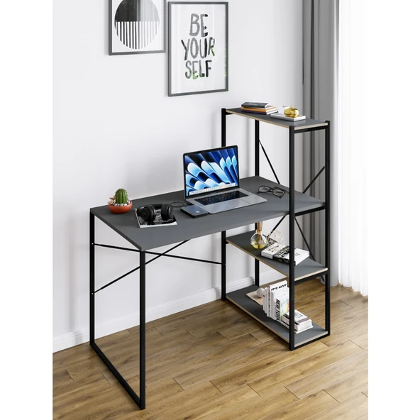 Eportatif Kitaplıklı Çalışma Masası Bilgisayar Ofis Masası Füme 1423 - 3