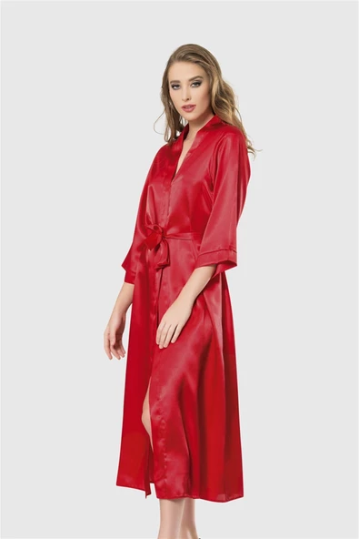 Shopidik  Kırmızı Uzun Saten Sabahlık
