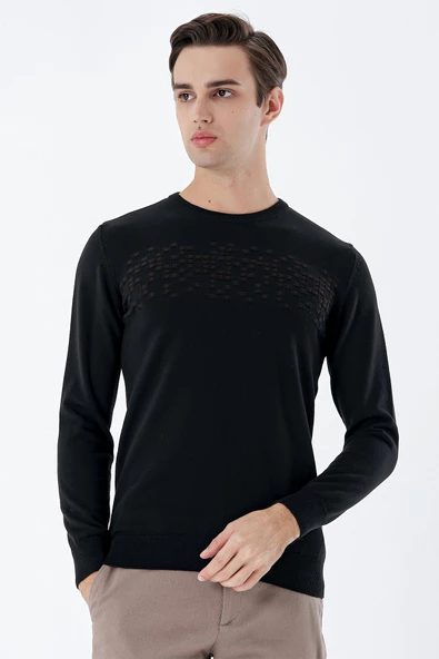 Siyah Uzun Kollu Desenli Bisiklet Yaka Pamuklu Klasik Comfort Fit Triko 1012235158