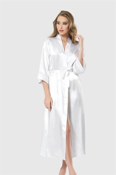 Shopidik  Beyaz Uzun Saten Sabahlık