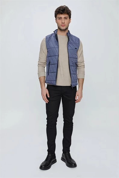 İndigo Mavi Dik Yaka Kapitone Casual Şişme Yelek 1009225153