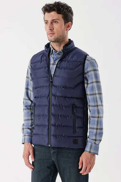 Koyu Lacivert Dik Yaka Casual Şişme Yelek 1009235150 - Resim 4