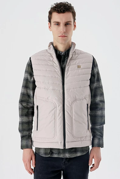 Taş Rengi Dik Yaka Dolumlu Casual Şişme Yelek 1009235152