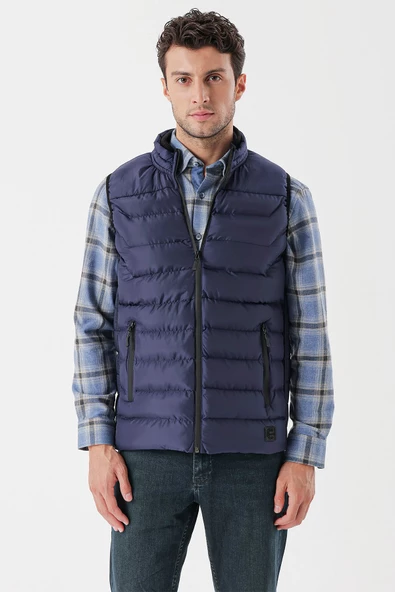 Koyu Lacivert Dik Yaka Casual Şişme Yelek 1009235150 - Resim 3