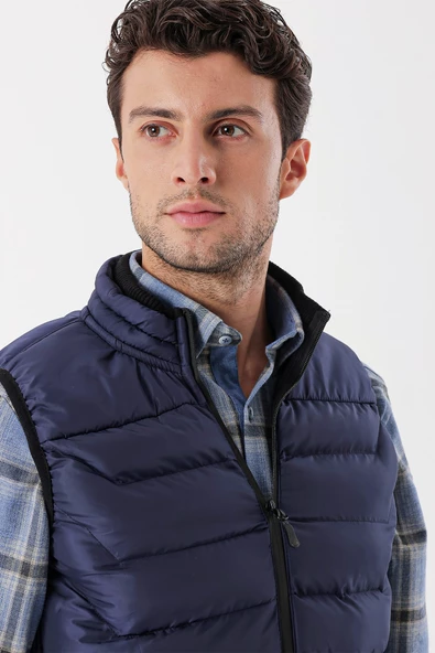 Koyu Lacivert Dik Yaka Casual Şişme Yelek 1009235150 - Resim 9