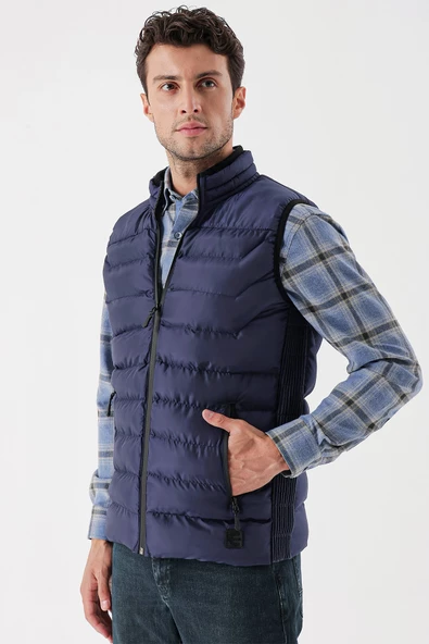 Koyu Lacivert Dik Yaka Casual Şişme Yelek 1009235150 - Resim 7