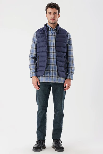 Koyu Lacivert Dik Yaka Casual Şişme Yelek 1009235150 - Resim 5