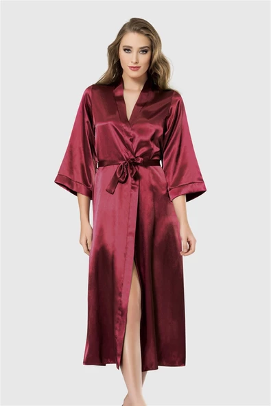 Shopidik  Bordo Uzun Saten Sabahlık