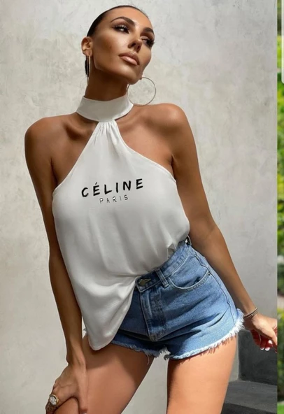 Beyaz Celine Yazılı Yaka Detaylı Sırt Dekolteli Bluz - 2