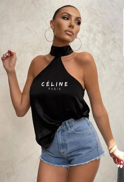 Siyah Celine Yazılı Yaka Detaylı Sırt Dekolteli Bluz - 2