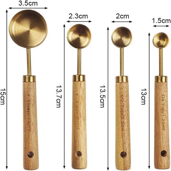 Valkyrie 4 Adet Paslanmaz Çelik Ahşap Saplı Ölçü Kaşığı Seti Ölçü Kabı 15ml 5ml 2.5ml 1.25ml - 5