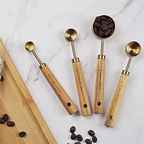 Valkyrie 4 Adet Paslanmaz Çelik Ahşap Saplı Ölçü Kaşığı Seti Ölçü Kabı 15ml 5ml 2.5ml 1.25ml - 3