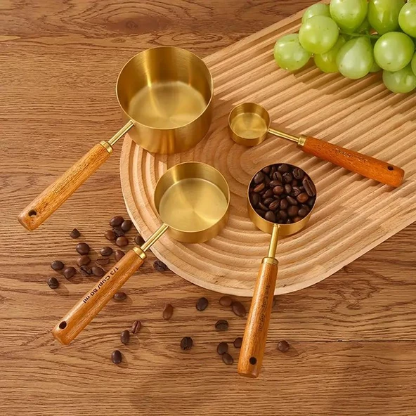 Valkyrie 4 Adet Büyük Boy Paslanmaz Çelik Ahşap Saplı Ölçü Kaşığı Seti Ölçü Kabı 60ml 80ml 125ml 250ml - 4