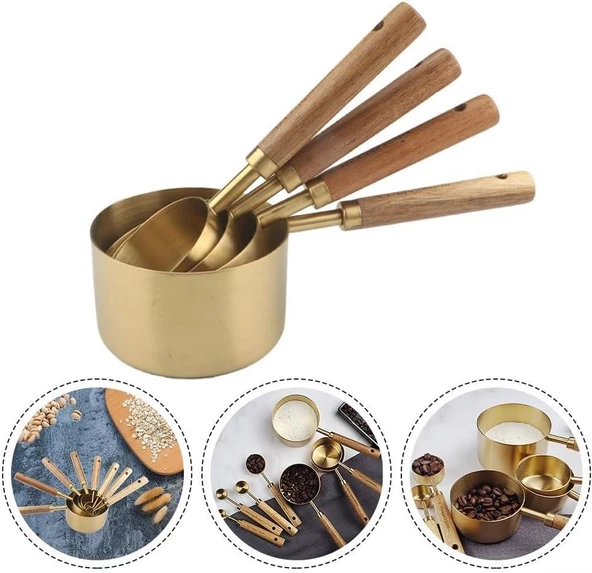 Valkyrie 4 Adet Büyük Boy Paslanmaz Çelik Ahşap Saplı Ölçü Kaşığı Seti Ölçü Kabı 60ml 80ml 125ml 250ml - 10