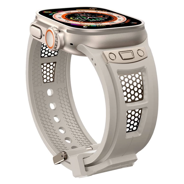 Apple Watch 42mm KRD-117 Hava Alabilen Delikli Metal Süslemeli Desenli Silikon Kordon - 5