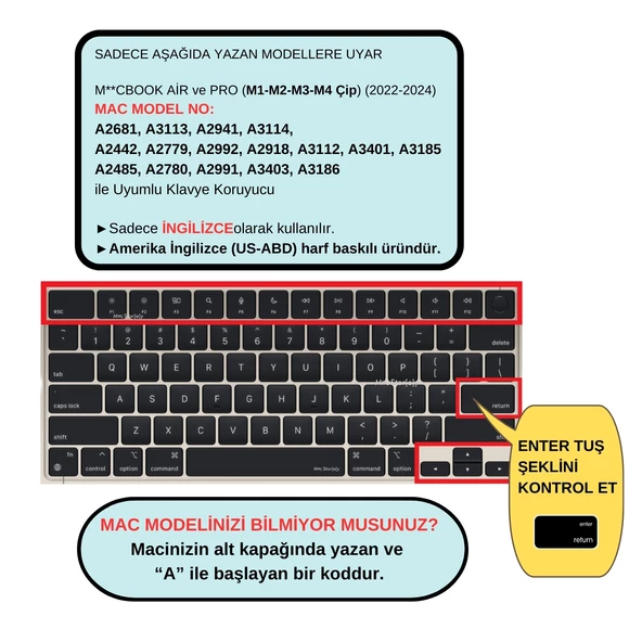 Arapça Klavye Koruyucu US Macbook Air-Pro M1-M2-M3-M4 (TouchID'li) A2681 A3113 A2941 A3114 A2442 A2779 A2992 A2918 A2485 A2780 A2991 ile Uyumlu - 2