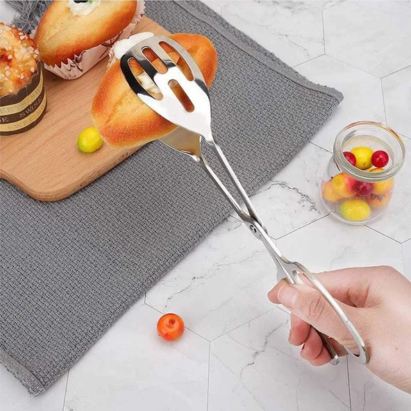 Valkyrie Paslanmaz Çelik Makas Maşa Servis Maşası Büfe Barbekü Tatlı Et Ekmek Kek Sebze Maşası Gümüş - 6