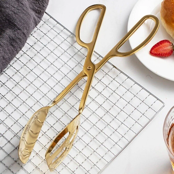 Valkyrie Paslanmaz Çelik Makas Maşa Servis Maşası Büfe Barbekü Tatlı Et Ekmek Kek Sebze Maşası Altın - 6