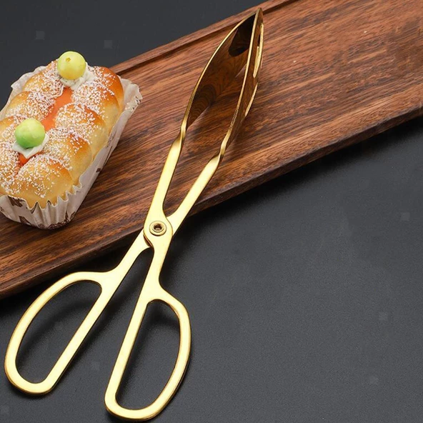 Valkyrie Paslanmaz Çelik Makas Maşa Servis Maşası Büfe Barbekü Tatlı Et Ekmek Kek Sebze Maşası Altın - 8