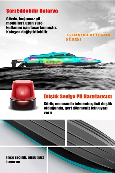 1:36 Ölçek 2.4GHz Uzaktan Kumandalı RC Sürat Teknesi 30 km/h LED Işıklı Düşük Pil Uyarı Özelliği - 7