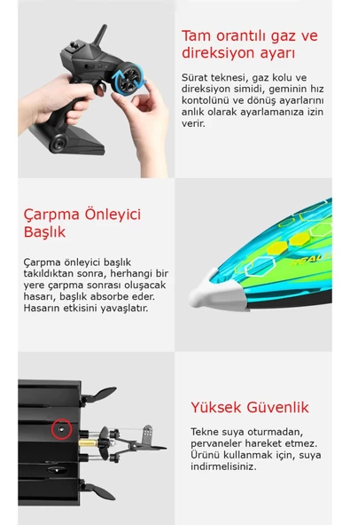 1:36 Ölçek 2.4GHz Uzaktan Kumandalı RC Sürat Teknesi 30 km/h LED Işıklı Düşük Pil Uyarı Özelliği - 4
