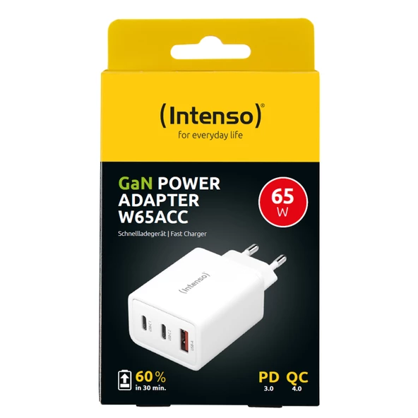 Intenso 65W 1 x USB-A, 2 x USB-C Süper Hızlı Şarj Güç Adaptörü Enerji Tasarruflu Gan Teknolojisi Beyaz