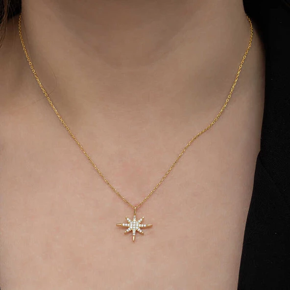 Gümüş Gold Kutup Yıldızı Kadın Kolye - Resim 3